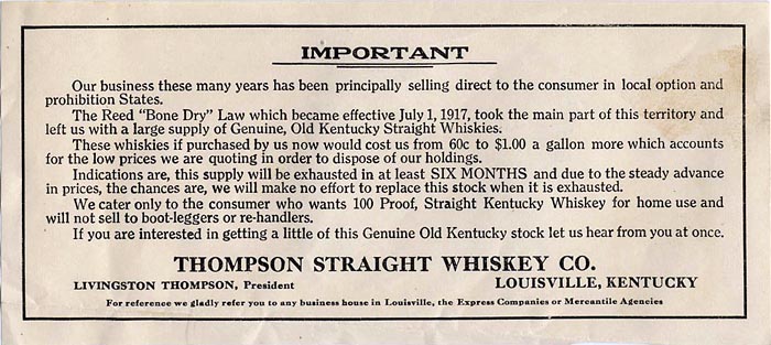 Thompson Select Straight Kentucky Whiskey.